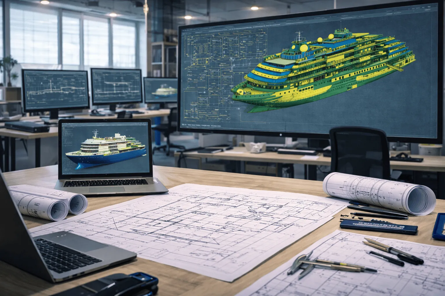 Technical and isometric ship drawings on a desk with many screens in the background