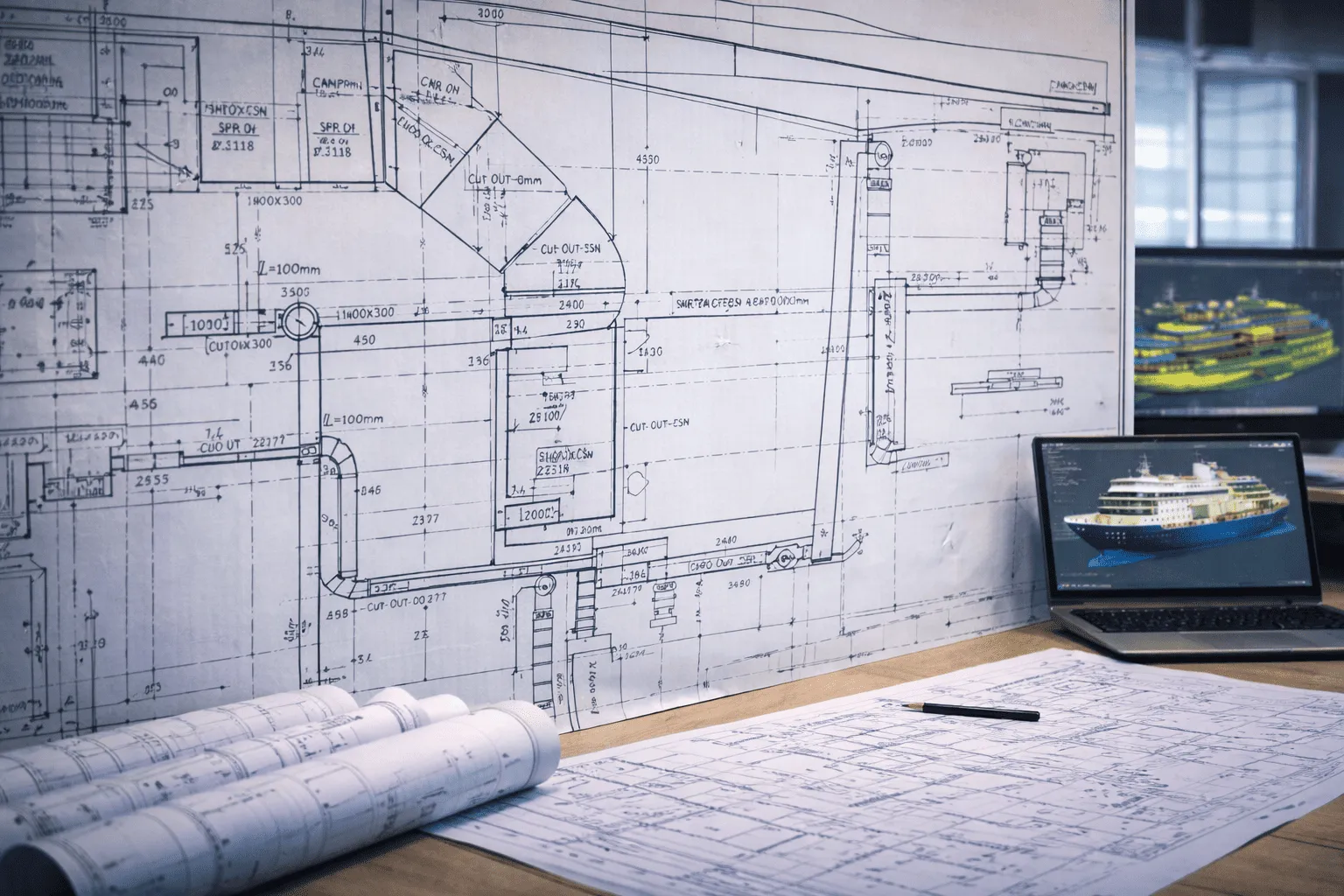 Technical drawings and computers with 3d ship design software