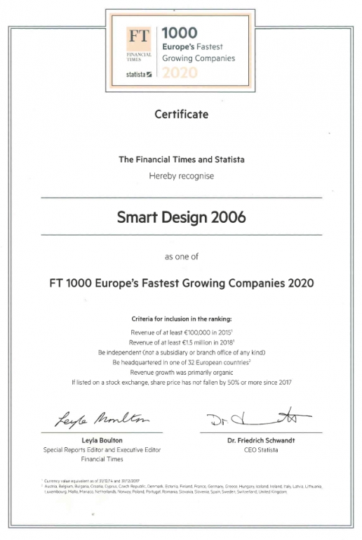 Europe's fastest growing companies certificate