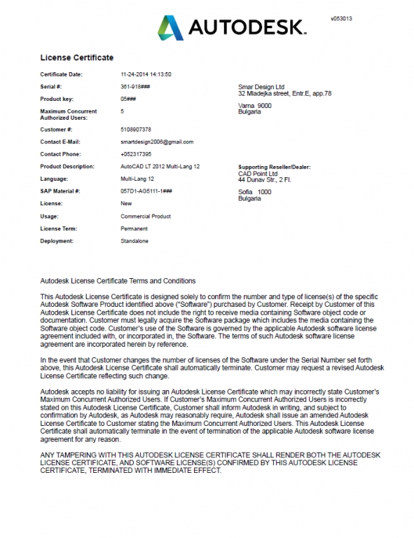 Autodesk license certificate